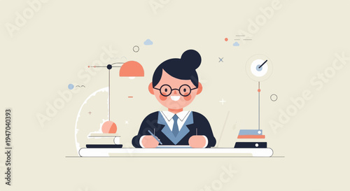Cartoon character in glasses working at a desk with lamp and books