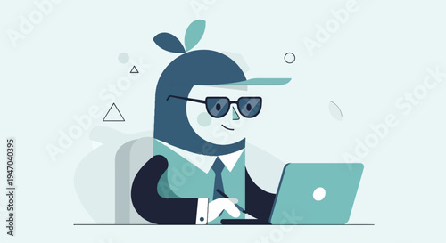 Cartoon character in glasses wearing a cap and tie, working on a laptop