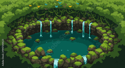 Pixelated Waterfall Oasis: A Lush Jungle Retreat