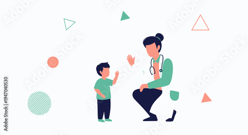 Doctor and child high five, pediatric care, medical checkup, happy patient, healthcare illustration