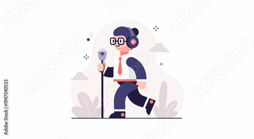 Cartoon figure with headphones, glasses, and tie holds microphone and walks