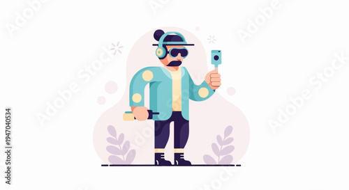 Cartoon man with headphones, sunglasses, and phone on stick