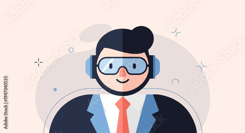 Cartoon person in business attire with VR goggles on a light background