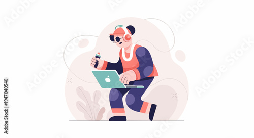 Cartoon figure with headphones holds a stylus and laptop