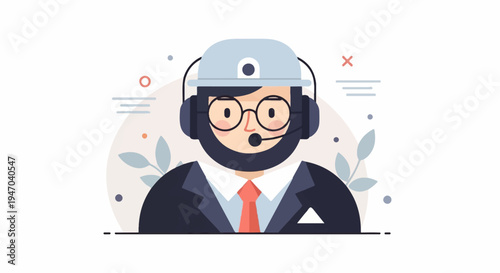 Cartoon support person wearing headset and tie, abstract background