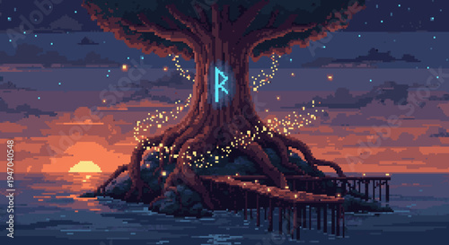 Pixelated Sunset Scene: A Mystical Tree by the Sea with a Glowing Rune.