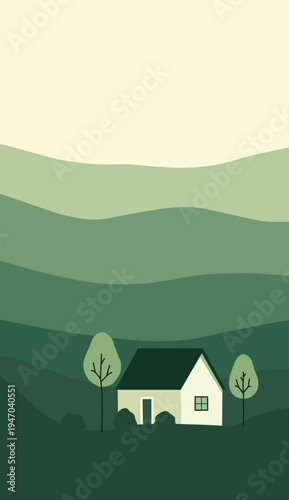 A serene house nestled in a green valley with rolling hills