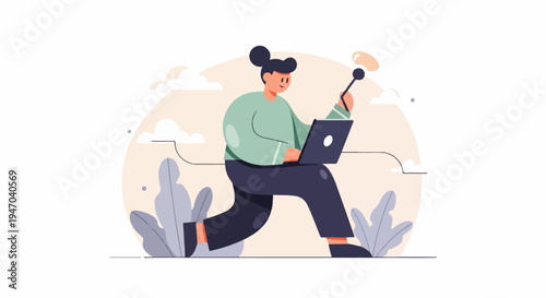 Cartoon figure with laptop and stylus, walking with abstract background