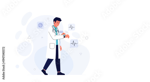 Doctor using smartwatch with medical data, futuristic healthcare concept