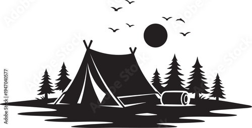 Vector camping tent icon with trees and moon