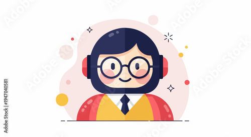 Cheerful cartoon character with glasses and headphones, ready to engage