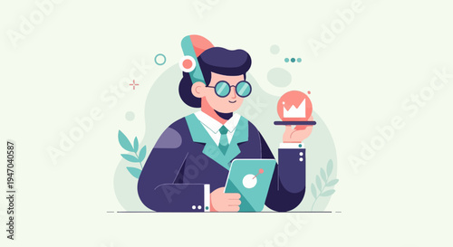 Businessman holding tablet and chart on a platter, surrounded by abstract shapes