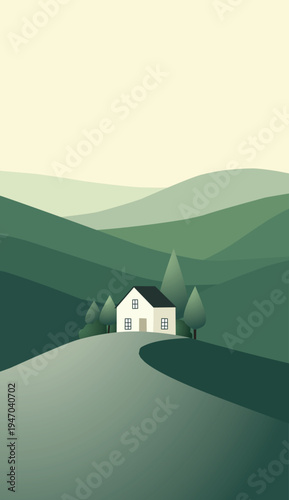 A serene house nestled in a green valley surrounded by hills