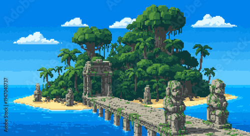 Pixelated Tropical Island Scene: A Bridge to Paradise
