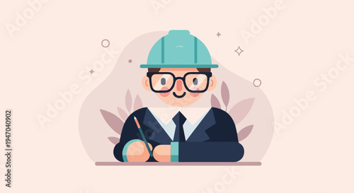 Cartoon engineer in hard hat and glasses, holding pencil, planning