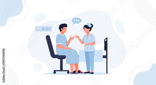 Doctor talking to patient in hospital room, healthcare consultation, medical care, patient support