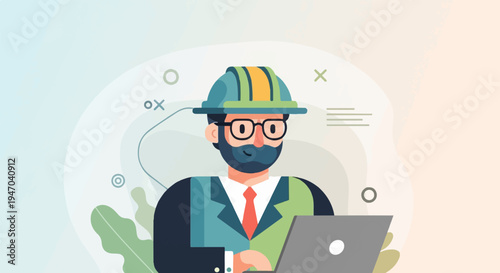 Cartoon engineer in hard hat using laptop, surrounded by abstract shapes and plants