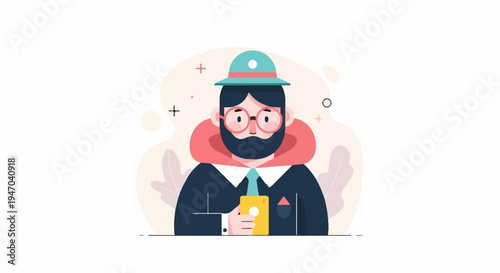 Flat illustration of a bearded man in a hat, glasses, and suit holding a phone