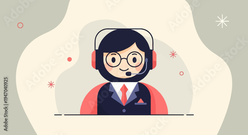 Cheerful cartoon figure wearing headset and suit, with abstract background