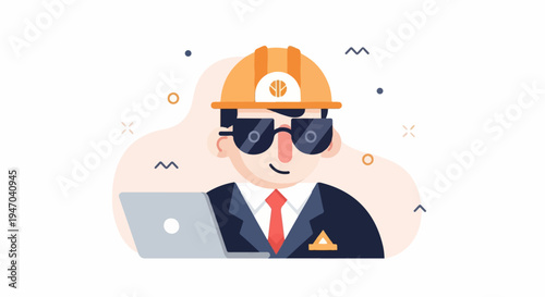 Cartoon engineer in hard hat with laptop, sunglasses, suit