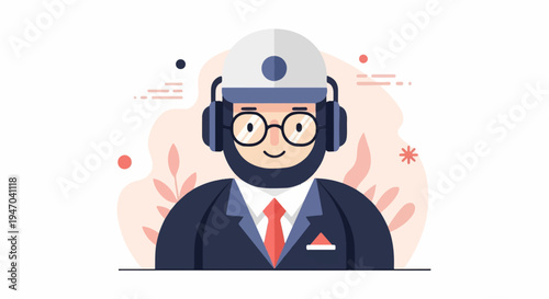 Flat illustration of a man with a hard hat and headphones