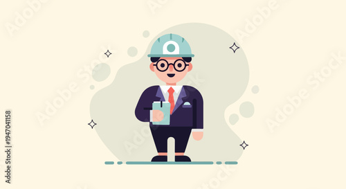 Cartoon engineer wearing a hard hat and glasses, holding a clipboard