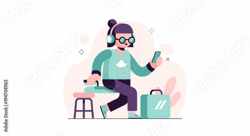 Flat illustration of a person with headphones, glasses, and phone