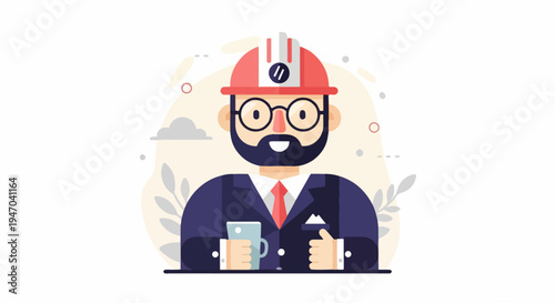 Cheerful worker in hard hat with coffee, giving thumbs up