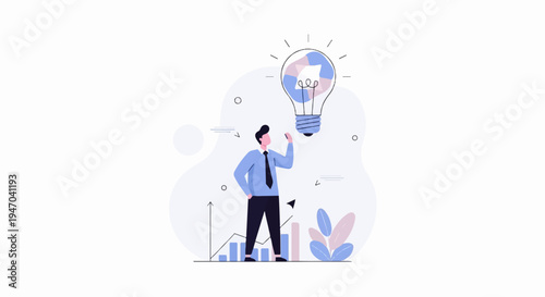 Businessman looking at a bright idea lightbulb above a growing graph