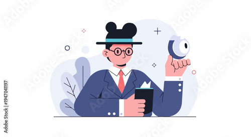 Cartoon man in suit, hat, and glasses holds a gadget and a cup