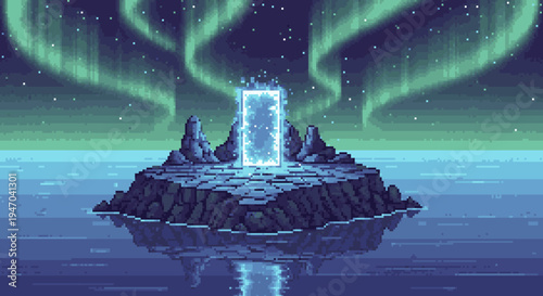 Pixelated Portal: A Nighttime Scene with Aurora Borealis and a Glowing Gateway