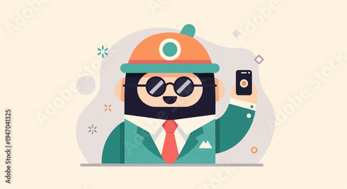 Cartoon man in a hat and suit takes a selfie with a phone