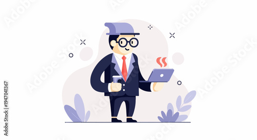 Cartoon businessman in suit with glasses and hat, holding laptop and coffee