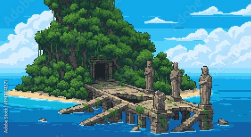 Pixel Art Island Sanctuary: A Coastal Oasis with Stone Statues and Lush Greenery