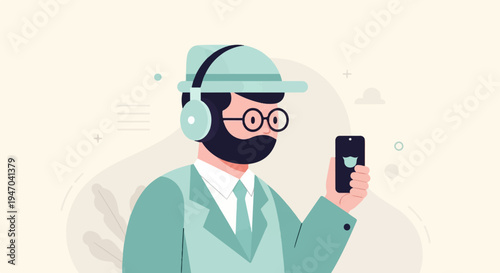 Man with headphones and glasses holding a smartphone displaying a shield icon