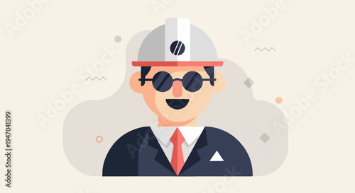 Cartoon engineer with hard hat, sunglasses, suit, and tie