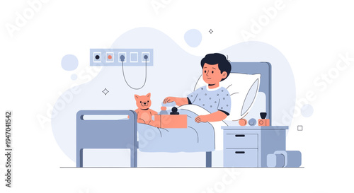 Sick Child in Hospital Bed with Teddy Bear, Receiving Medical Care