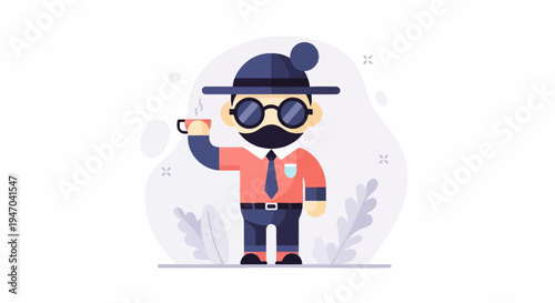 Character in hat and glasses holds steaming cup of coffee, ready for day