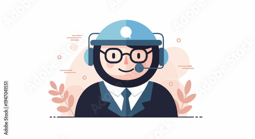 Friendly person with headset and glasses, wearing a suit, business