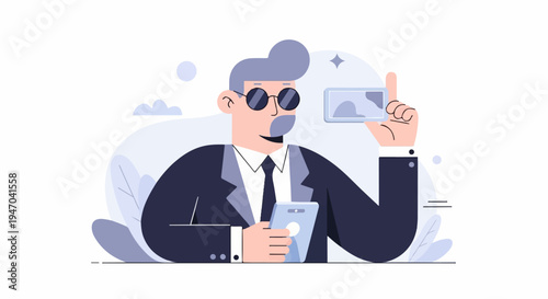 Stylish man in suit takes selfie with smartphone and card