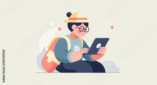 Character in hat and glasses with backpack using tablet