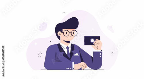 Cartoon man in a suit and glasses holds a camera, taking a photo
