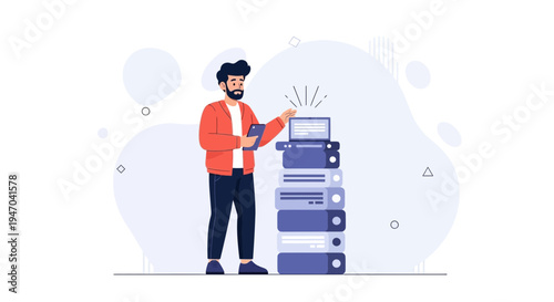 Man with Laptop and Server Racks, Data Center, IT Professional, Technology Concept