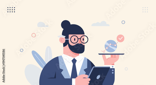 Professional man holding tablet and tray with data visualization chart