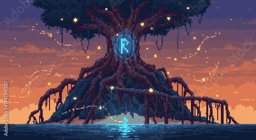 Pixelated Tree of Life at Sunset: A Serene Digital Landscape