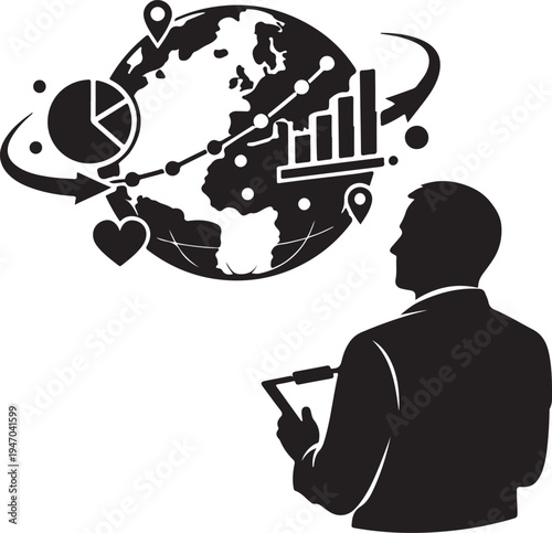 Silhouette viewing 3D rotating analytics globe