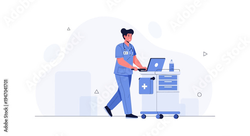 Nurse pushing medical cart with laptop and supplies, modern healthcare illustration