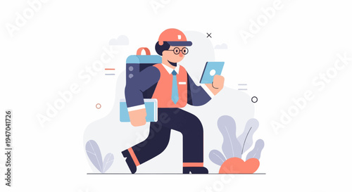 Animated construction worker with tablet and briefcase walks
