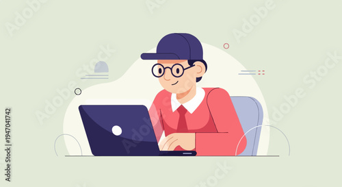 Cheerful young person in glasses and cap working on laptop