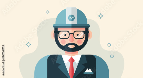 Bearded man wearing glasses, a suit, and a hard hat